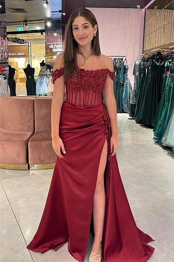 Schulterfreies, langes Meerjungfrauen-Ballkleid mit Blumenmuster und Schlitz PSK502