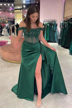 Schulterfreies, langes Meerjungfrauen-Ballkleid mit Blumenmuster und Schlitz PSK502
