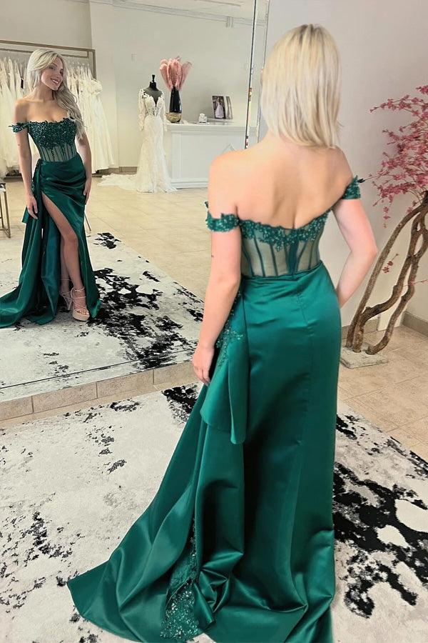 Schulterfreies, langes Meerjungfrauen-Ballkleid mit Blumenmuster und Schlitz PSK502