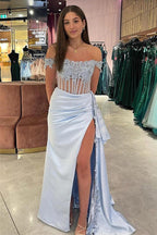 Schulterfreies, langes Meerjungfrauen-Ballkleid mit Blumenmuster und Schlitz PSK502