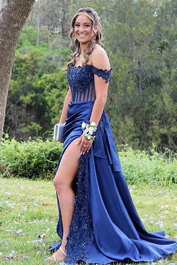 Schulterfreies, langes Meerjungfrauen-Ballkleid mit Blumenmuster und Schlitz PSK502