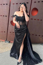 Schulterfreies, langes Meerjungfrauen-Ballkleid mit Blumenmuster und Schlitz PSK502