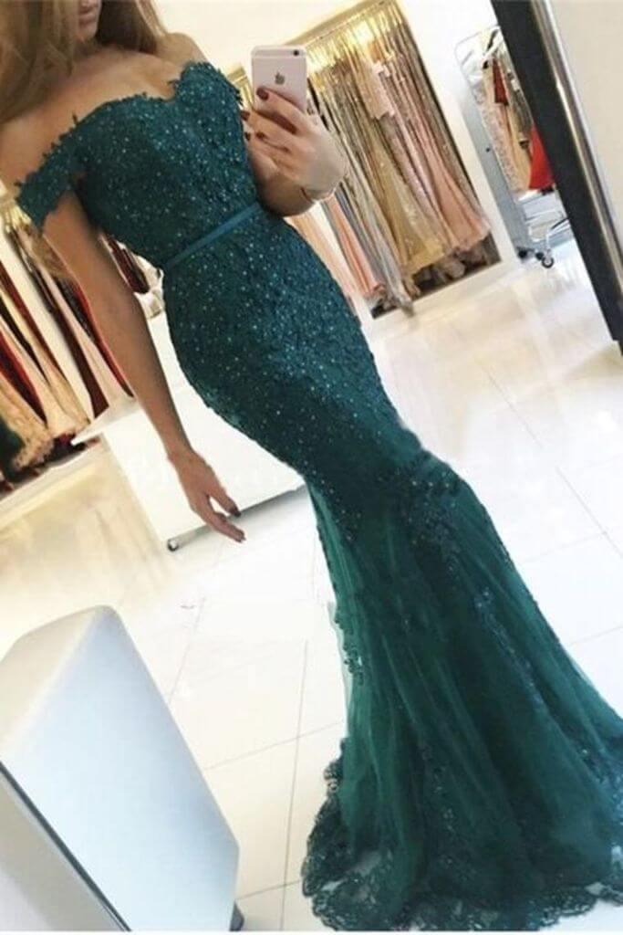 Vestidos de fiesta de sirena con hombros descubiertos de tul con apliques y cuentas