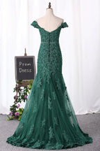 Vestidos de fiesta de sirena con hombros descubiertos de tul con apliques y cuentas