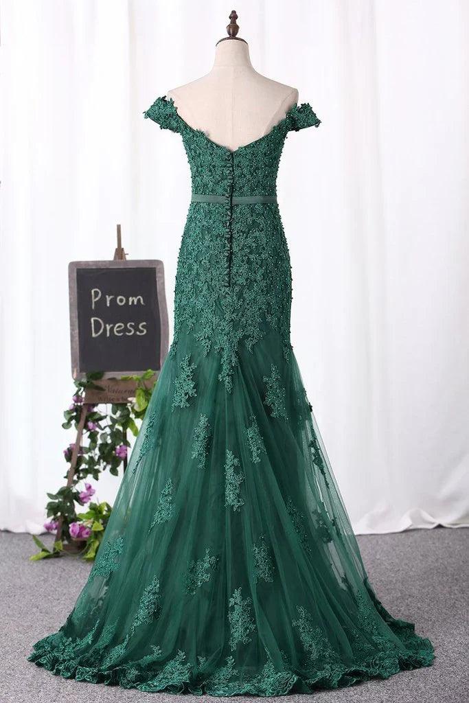 Vestidos de fiesta de sirena con hombros descubiertos de tul con apliques y cuentas