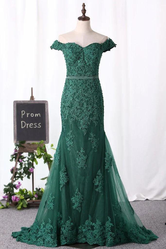 Vestidos de fiesta de sirena con hombros descubiertos de tul con apliques y cuentas