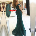 Vestidos de fiesta de sirena con hombros descubiertos de tul con apliques y cuentas
