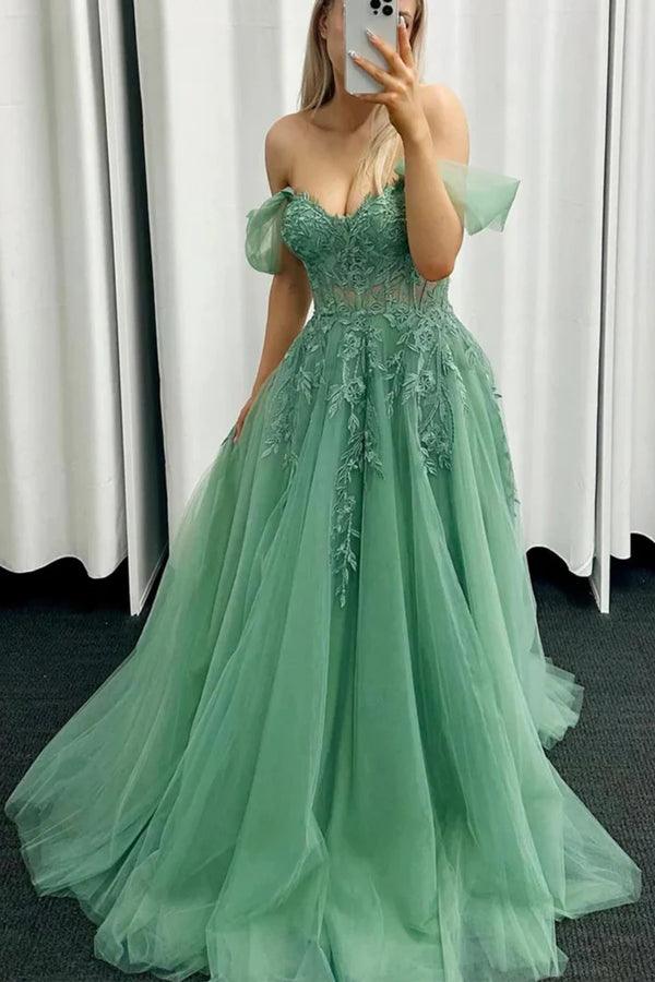 Vestidos de fiesta largos de encaje verde con hombros descubiertos y vestido formal verde