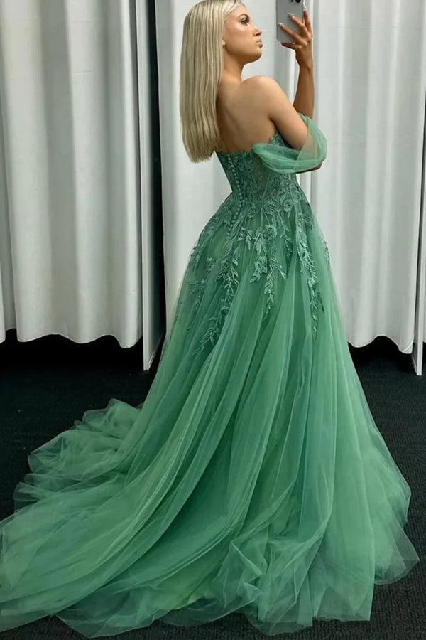 Vestidos de fiesta largos de encaje verde con hombros descubiertos y vestido formal verde
