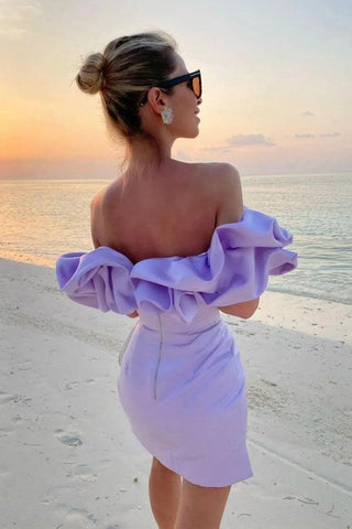 Off Shoulder Sleeveless Satin Mini Homecoming Dress With Ruffles