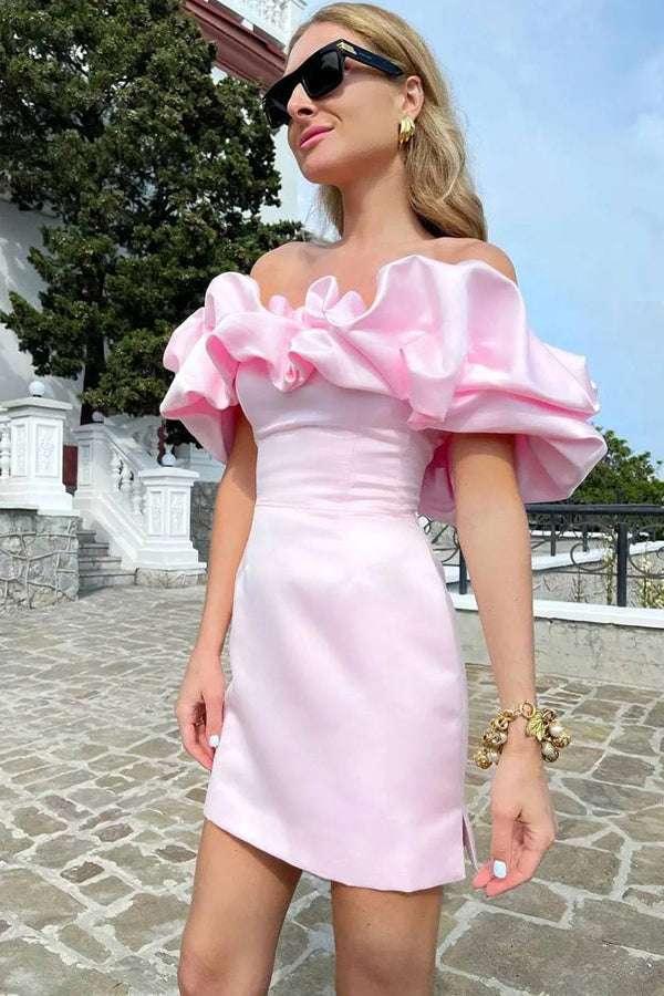 Off Shoulder Sleeveless Satin Mini Homecoming Dress With Ruffles PD540