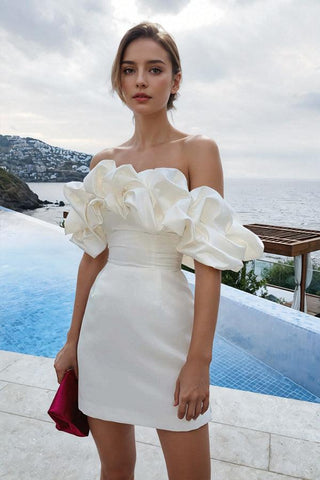 Off Shoulder Sleeveless Satin Mini Homecoming Dress With Ruffles
