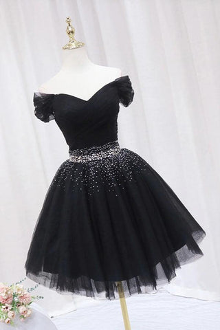Off The Shoulder Black Homecoming Dress Tulle Short Prom Dress