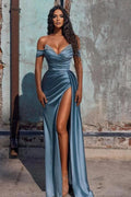 Off The Shoulder Mermaid Prom Dress High Slit Dress With Beading