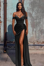 Off The Shoulder Mermaid Prom Dress High Slit Dress With Beading