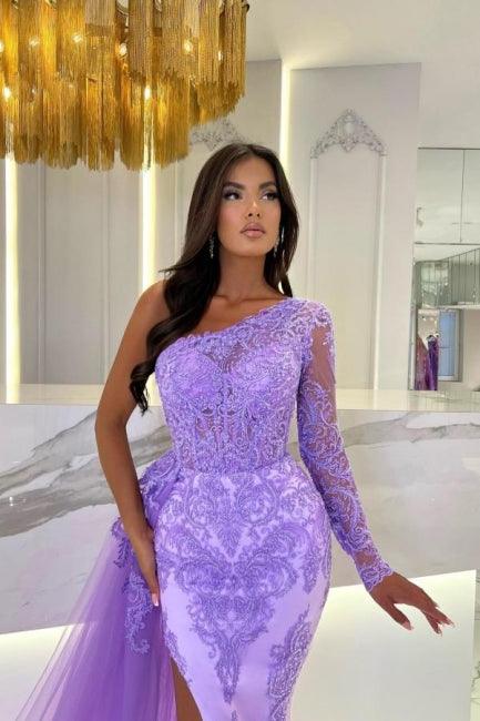 Ein-Schulter-Säule, lange Ärmel, Schlitz vorn, bodenlanges Tüll-Ballkleid mit Spitze
