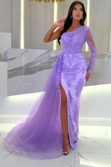 Ein-Schulter-Säule, lange Ärmel, Schlitz vorn, bodenlanges Tüll-Ballkleid mit Spitze