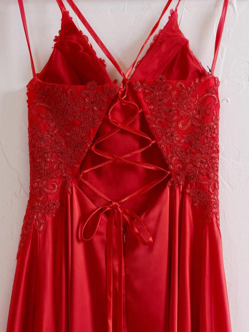 Vestido de fiesta corte A tirantes finos corsé espalda con abertura