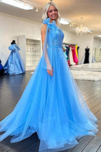 Langes, einseitig schulterfreies, blaues Spitzen-Abendkleid mit Schlitz