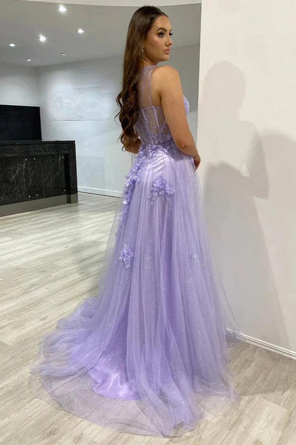 Lila-blaue, einseitig schulterfreie Ballkleider mit Spitze und Schlitz
