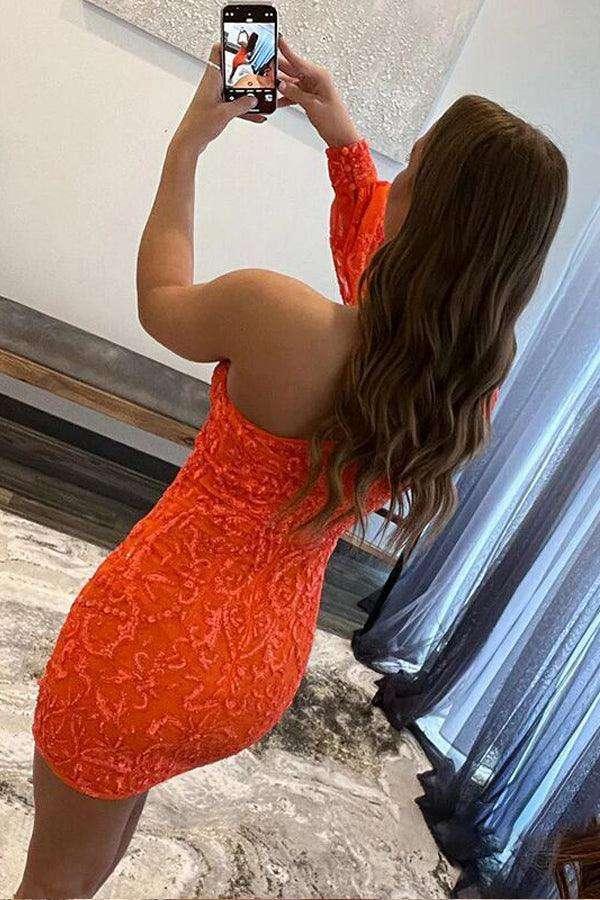 One Shoulder Tight Short Prom Dress Orange Homecoming Dress PD563