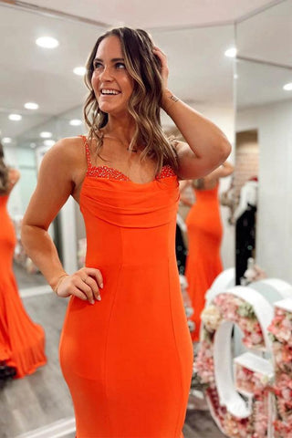 Meerjungfrauen-Abendkleid aus Spandex, orange, mit Trägern