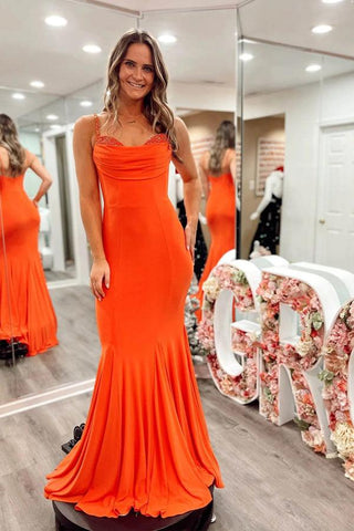 Meerjungfrauen-Abendkleid aus Spandex, orange, mit Trägern
