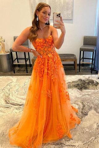 Orange Tulle Lace Long Prom Dress Orange Tulle Evening Dress
