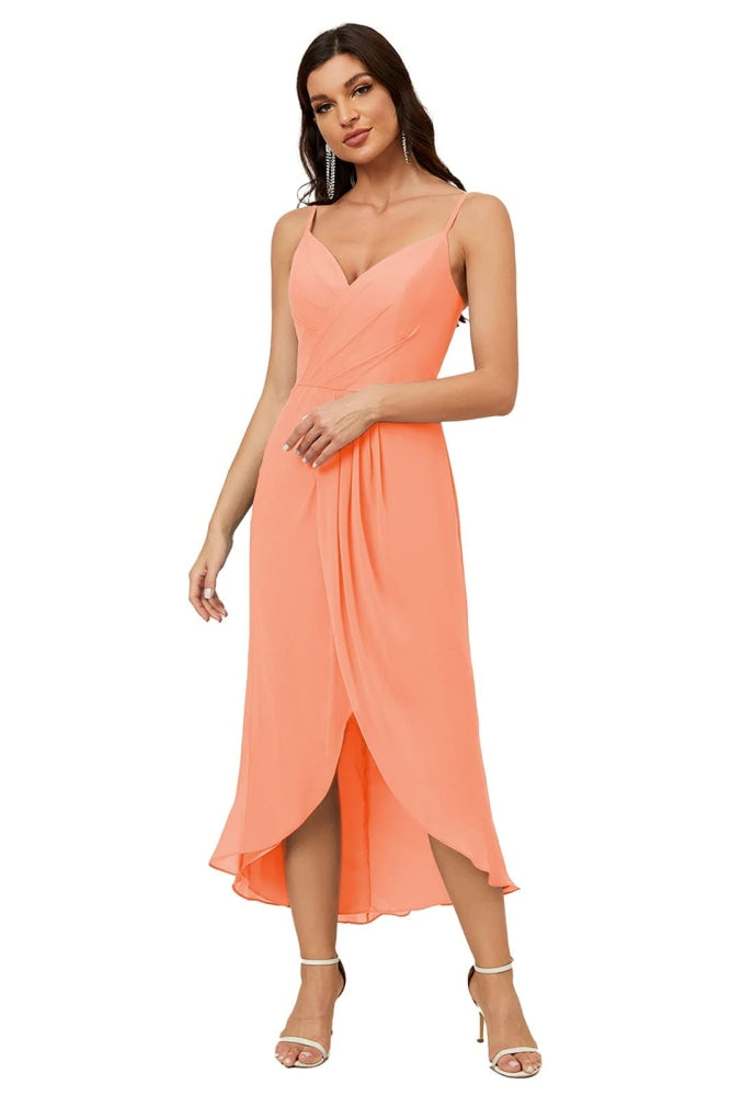 Numbersea Spaghetti Chiffon V Neck Bridesmaid Dress Mid-Length Slit Formal Prom Homecoming 2803