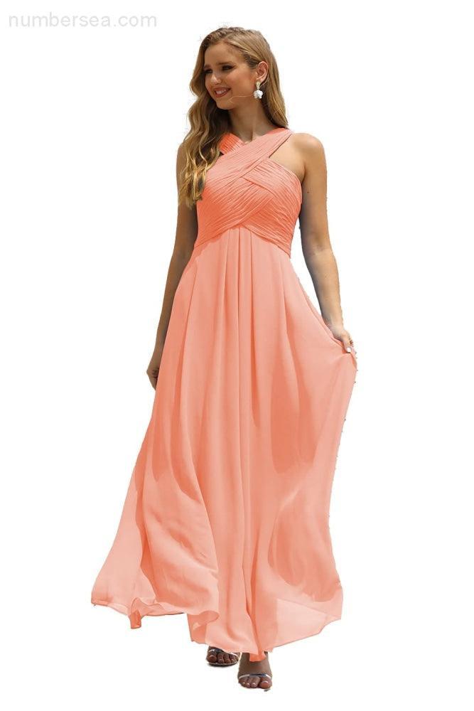 Numbersea Women Halter Chiffon Bridesmaid Dress A-line Long Formal Prom Gown SEA28015-numbersea