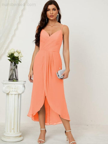 Numbersea Spaghetti Chiffon V Neck Bridesmaid Dress Mid-Length Slit Formal Prom Homecoming 2803
