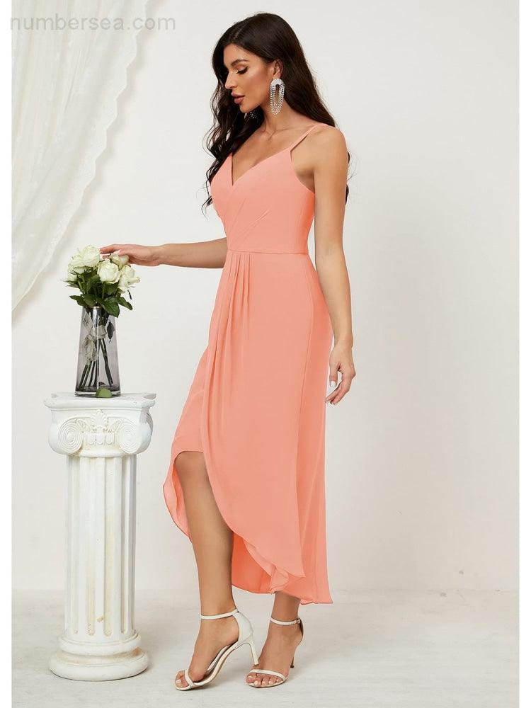 Numbersea Spaghetti Chiffon V Neck Bridesmaid Dress Mid-Length Slit Formal Prom Homecoming 2803