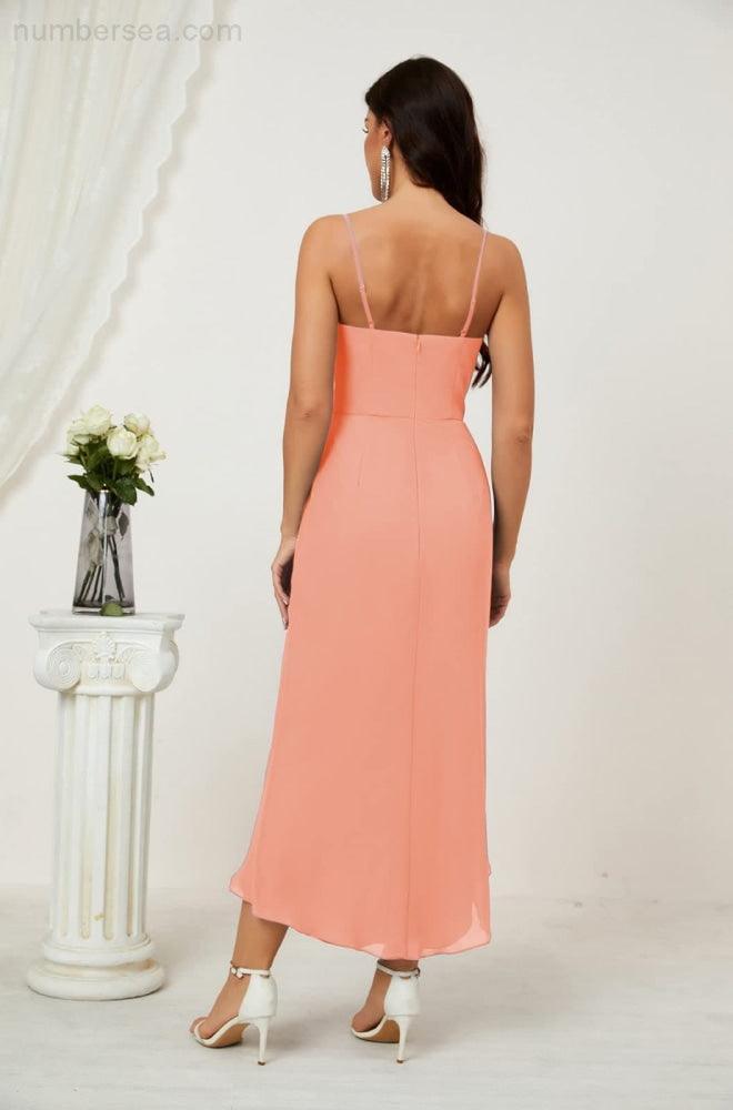 Numbersea Spaghetti Chiffon V Neck Bridesmaid Dress Mid-Length Slit Formal Prom Dress Homecoming Dress 2803-numbersea