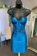 Pfauenblaues, kurzes Homecoming-Kleid im Korsett-Stil mit Applikationen