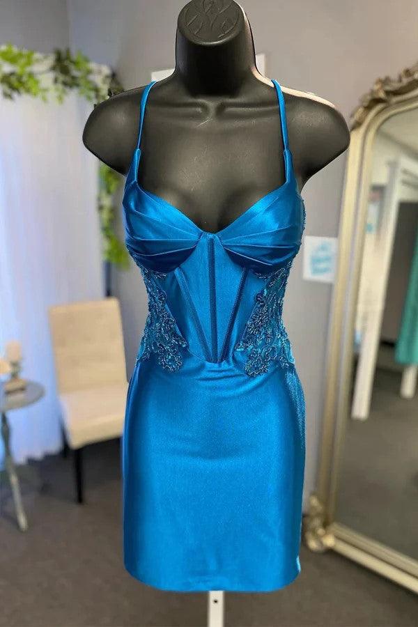 Pfauenblaues, kurzes Homecoming-Kleid im Korsett-Stil mit Applikationen