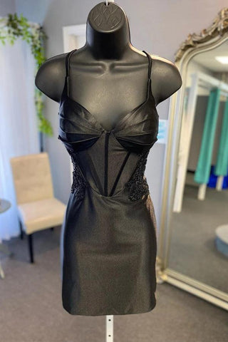 Pfauenblaues, kurzes Homecoming-Kleid im Korsett-Stil mit Applikationen