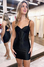 Pfauenblaues, kurzes Homecoming-Kleid im Korsett-Stil mit Applikationen