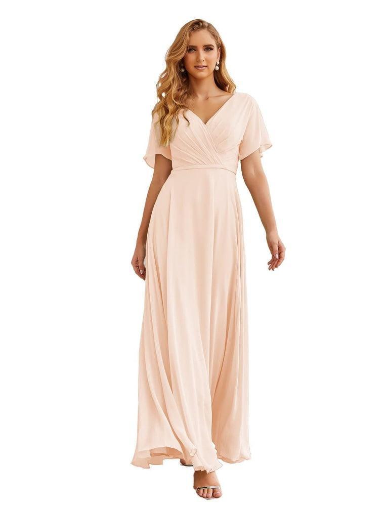 NumberSea - Numbersea Wrap V - Neck Chiffon Bridesmaid Dresses Long Formal Maxi Evening Gown for Wedding Guests SEA28049