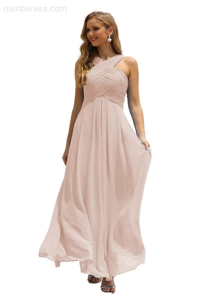 Numbersea Women Halter Chiffon Bridesmaid Dress A-line Long Formal Prom Gown SEA28015-numbersea