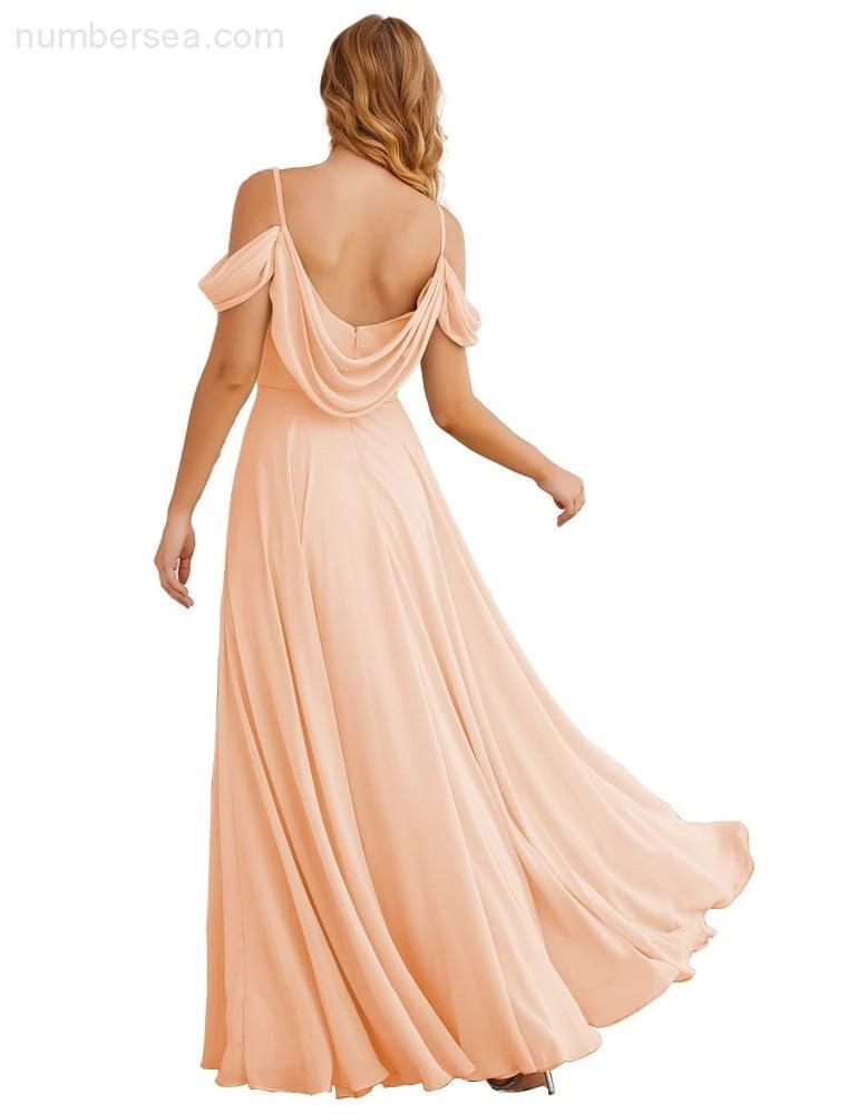 NumberSea - Numbersea Cold Shoulder Chiffon Bridesmaid Dresses Long Maxi Formal Prom Gowns for Women Party SEA28059