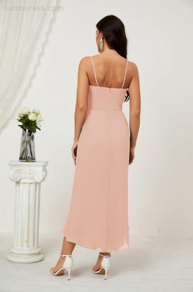 Numbersea Spaghetti Chiffon V Neck Bridesmaid Dress Mid-Length Slit Formal Prom Dress Homecoming Dress 2803-numbersea