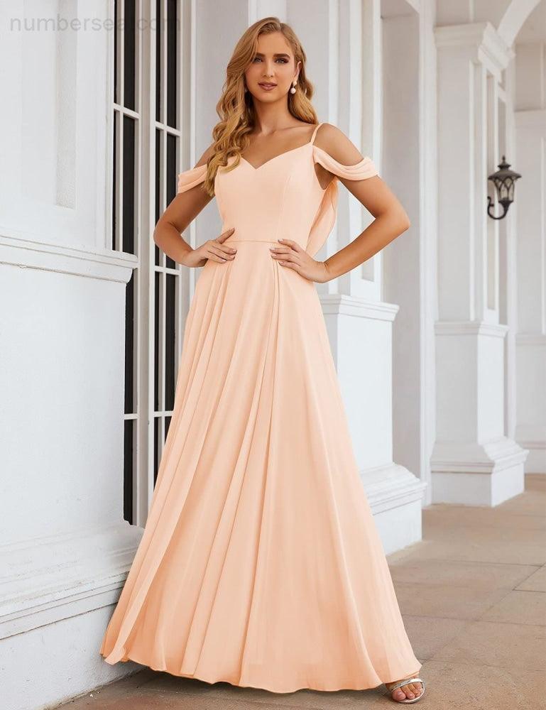 NumberSea - Numbersea Cold Shoulder Chiffon Bridesmaid Dresses Long Maxi Formal Prom Gowns for Women Party SEA28059