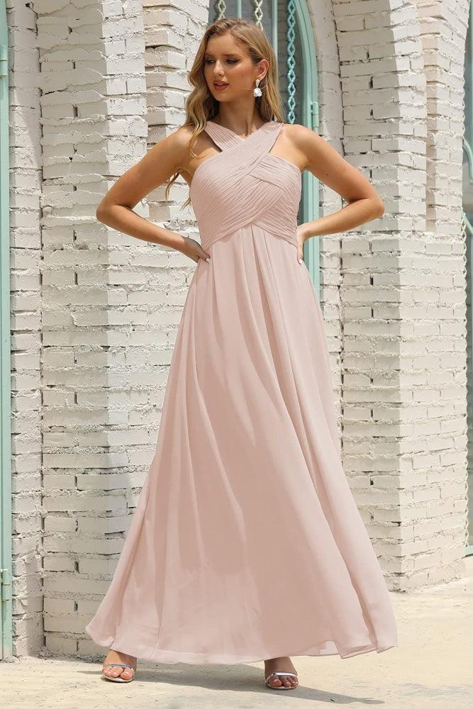 Numbersea Women Halter Chiffon Bridesmaid Dress A-line Long Formal Prom Gown SEA28015-numbersea