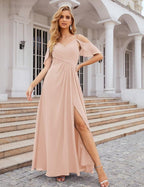 NumberSea - Numbersea Chiffon Cold Shoulder Long Bridesmaid Dresses Plus Size Formal Prom Gowns for Women Party Wedding SEA28070