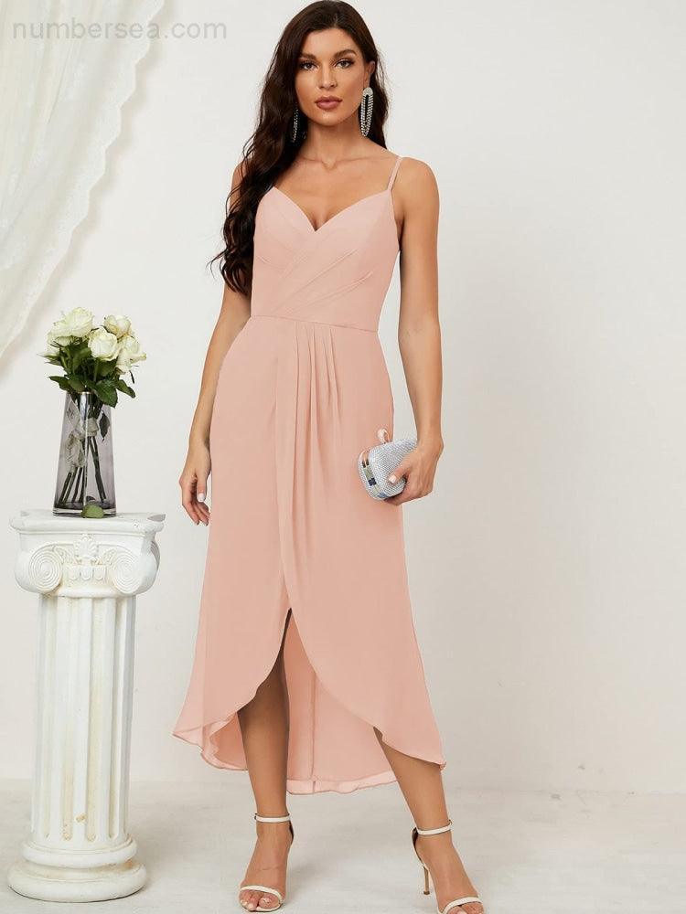 Numbersea Spaghetti Chiffon V Neck Bridesmaid Dress Mid-Length Slit Formal Prom Dress Homecoming Dress 2803-numbersea