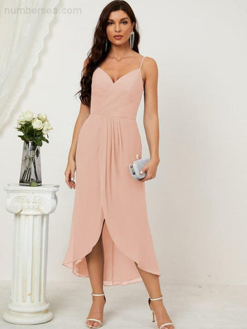 Numbersea Spaghetti Chiffon V Neck Bridesmaid Dress Mid-Length Slit Formal Prom Dress Homecoming Dress 2803-numbersea