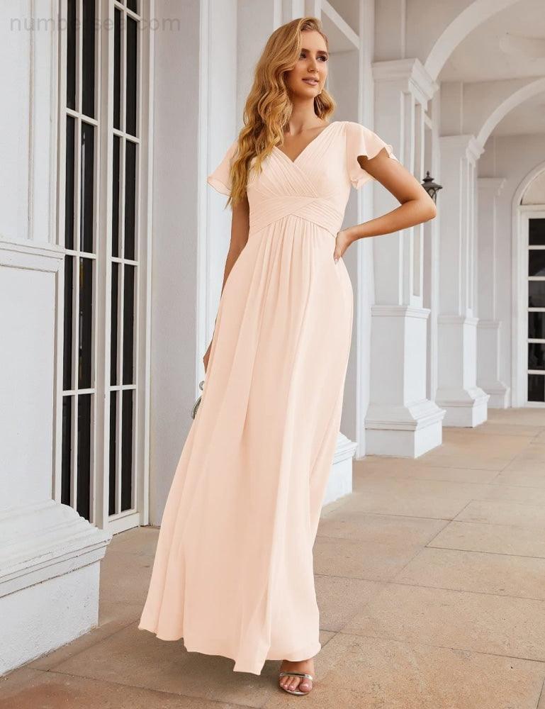 NumberSea - Numbersea Chiffon Bridesmaid Dress Cap Sleeves Maxi Prom Gowns Party Wedding Mother of The Bride Dresses for Women SEA28047