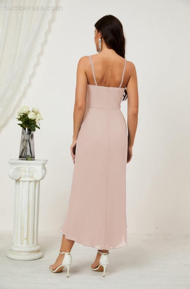 Numbersea Spaghetti Chiffon V Neck Bridesmaid Dress Mid-Length Slit Formal Prom Dress Homecoming Dress 2803-numbersea