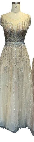 Pink A-Line Luxury Beading Sparkle Evening Dresses Dubai O-Neck Cap Sleeves Formal Dress Serene Hill LA70580