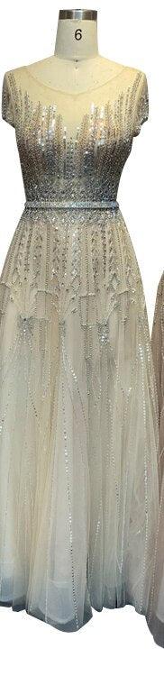 Pink A-Line Luxury Beading Sparkle Evening Dresses Dubai O-Neck Cap Sleeves Formal Dress Serene Hill LA70580